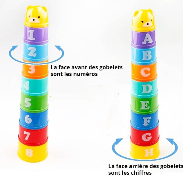 Tour de gobelets à empiler pour bébé, avec des chiffres sur une face et des lettres sur l'autre, permettant de créer une tour colorée tout en apprenant l'alphabet et les nombres.