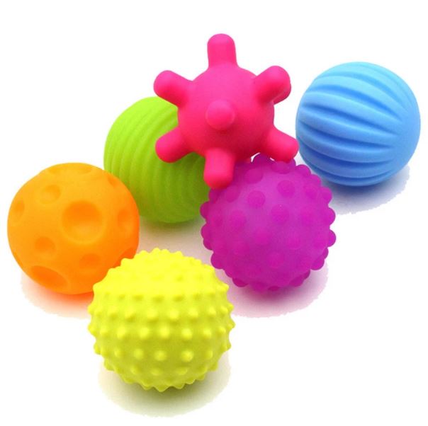 Lot de 6 balles sensorielles aux couleurs vives et aux textures uniques, parfaites pour le développement sensoriel et l'exploration tactile des bébés.