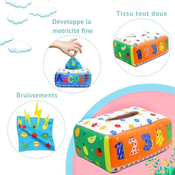 Boîte à mouchoirs magique pour bébé décoré de chiffres et de motifs colorés, conçue en tissu doux, idéal pour le développement de la motricité fine.