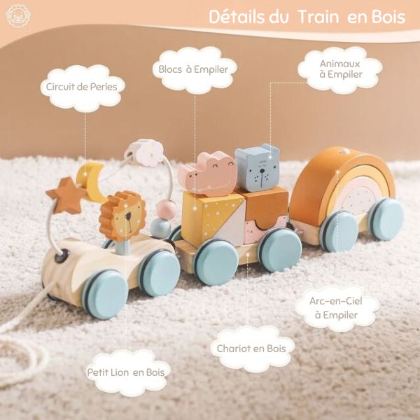 Détails d'un train en bois pour bébé avec blocs, animaux, arc-en-ciel et circuit de perles à empiler, conçu pour le développement des tout-petits.