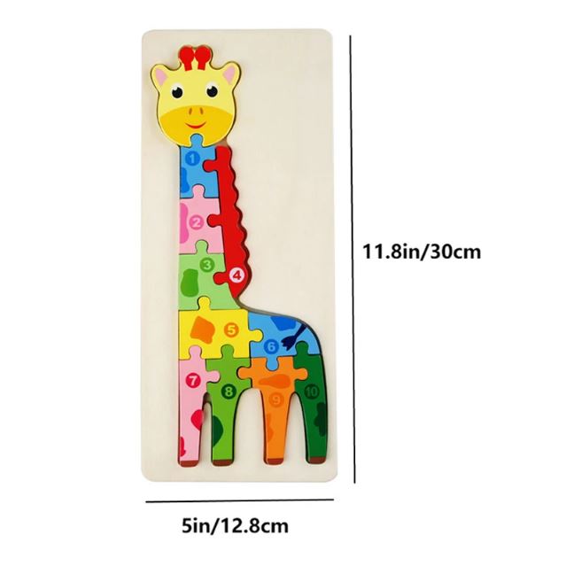 Puzzle 2 ans montessori mesurant 30 cm sur 12 cm, en forme de girafe colorée, conçu pour apprendre les chiffres tout en s'amusant avec des pièces numérotées faciles à manipuler.