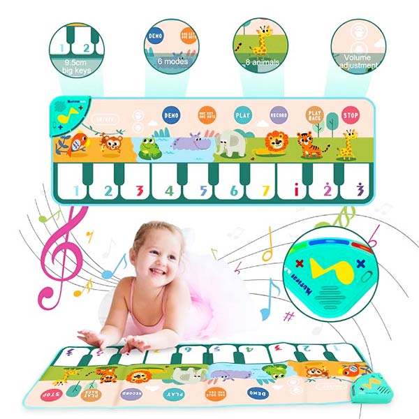 Piano pied pour bébé avec touches géantes et illustrations d'animaux, doté de plusieurs modes de jeu pour stimuler l'éveil musical et la motricité, illustrant une petite fille jouant avec enthousiasme.