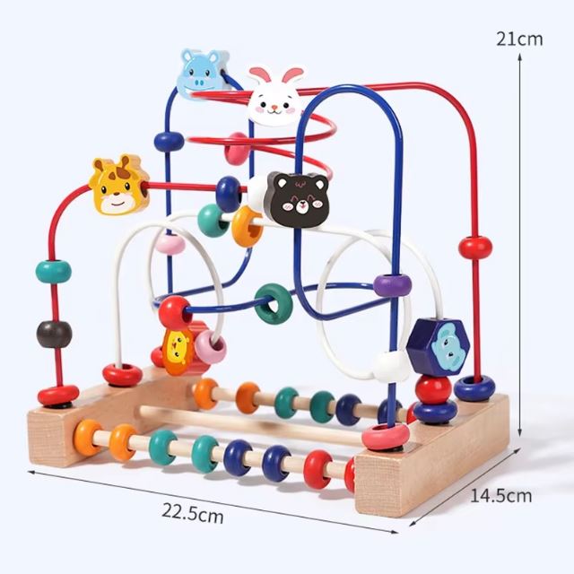 Boulier labyrinthe coloré, avec des perles et des figurines d'animaux, mesurant 22,5 cm de longueur, 14,5 cm de largeur et 21 cm de hauteur, parfait pour développer la motricité fine et la coordination chez les enfants.