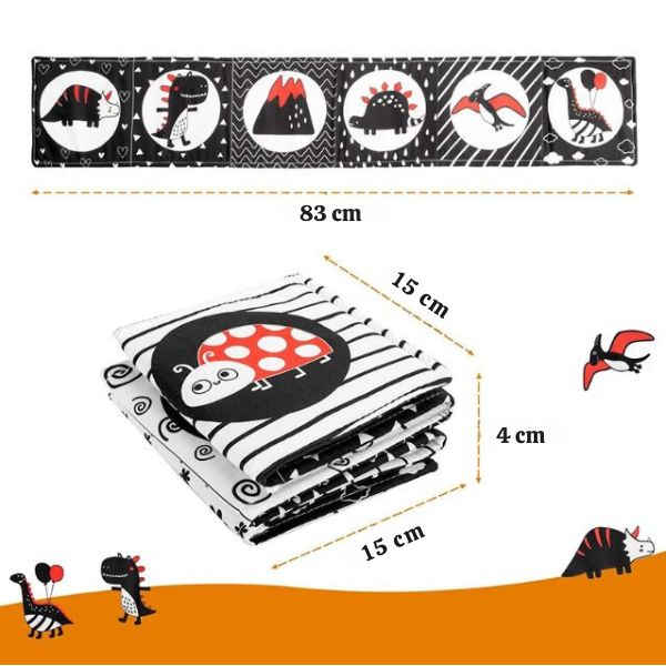 Livre noir et blanc pour bébé mesurant 83 cm de longueur, conçu avec des images contrastées de dinosaures pour stimuler la vision des tout-petits.