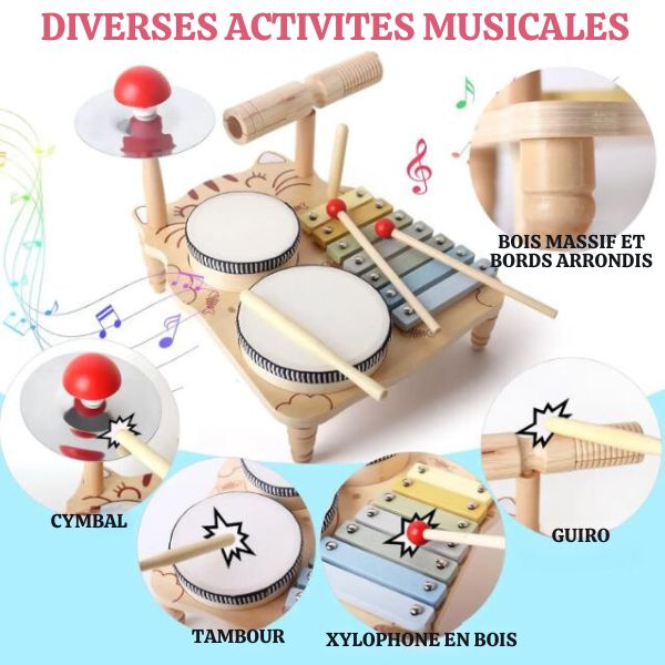 Batterie Bébé avec Xylophone et Guiro (Bois)