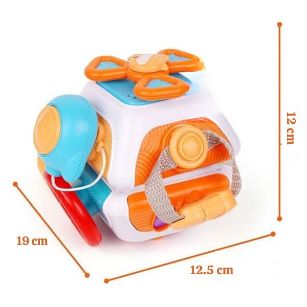 Cube d'éveil Montessori multifonction mesurant 19 cm x 12.5 cm x 12 cm, conçu pour stimuler la curiosité et la motricité des tout-petits.