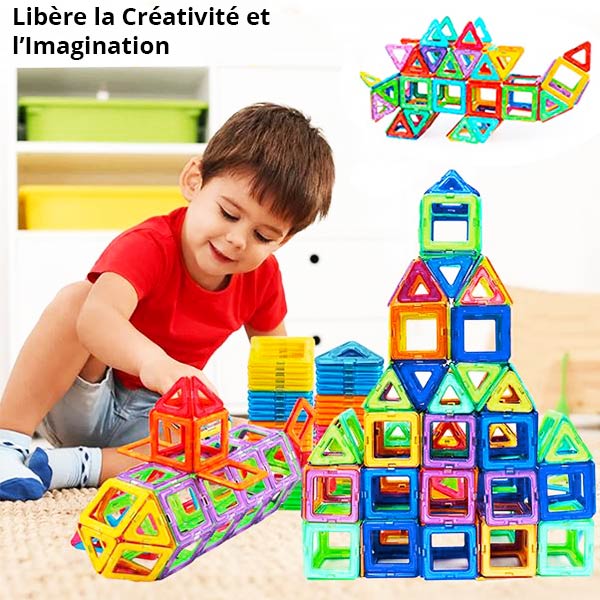 Un enfant jouant avec un jeu de construction magnétique, créant des structures colorées et variées, stimulant l'imagination et la créativité à travers des formes géométriques aimantées.