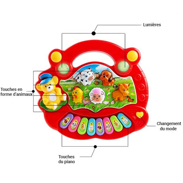 Piano animaux pour bébé interactif avec touches colorées et formes d'animaux, équipé de lumières et de boutons, parfait pour l'éveil des tout-petits.