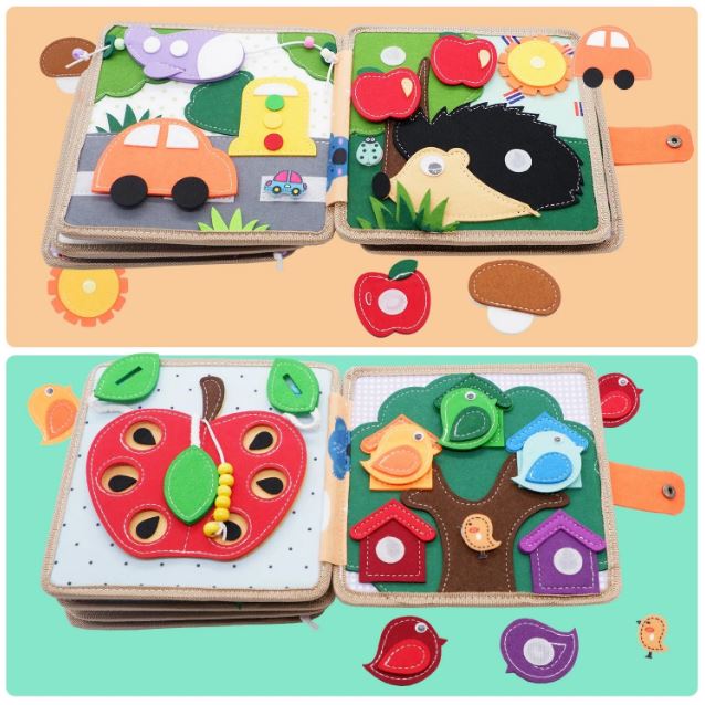 Livre Montessori en tissu, ouvert sur deux doubles pages interactives. La première double page en haut illustre un hérisson dans un jardin avec des pommes détachables, ainsi qu'une scène de voitures sur la route. La seconde double page en bas montre une pomme avec des perles et un arbre abritant des oiseaux colorés dans leurs nids, offrant aux touts-petits diverses activités manuelles.