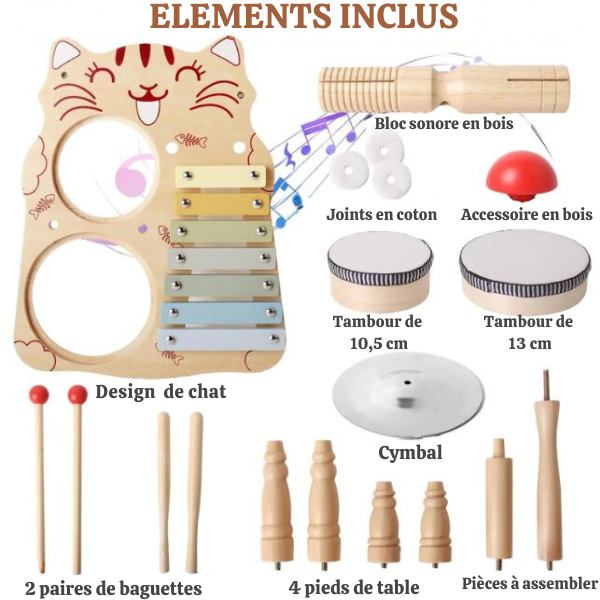 Batterie Bébé avec Xylophone et Guiro (Bois)