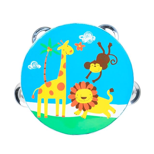 Tambourin bébé avec un motif coloré d'animaux sauvages, incluant une girafe, un lion et un singe, conçu pour éveiller les jeunes enfants à la musique.