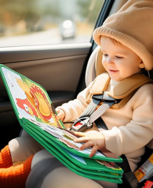 Bébé assis dans un siège auto, captivé par un livre d'activité aux couleurs vives, idéal pour le divertissement et l'apprentissage en déplacement.