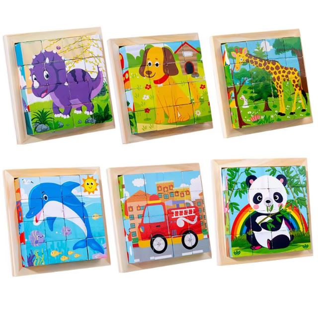 Ensemble de puzzles cube en bois représentant diverses illustrations colorées d'animaux et de véhicules, idéal pour les enfants de 2 ans et plus afin de développer leurs compétences en motricité et résolution de problèmes.