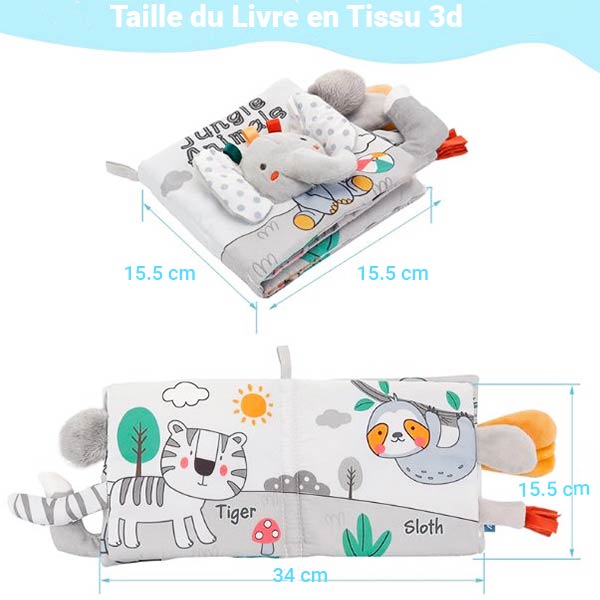 Dimensions d'un livre à toucher Montessori pour bébé, en tissu 3D, avec des illustrations d'animaux de la jungle, mesurant 15,5 cm de chaque côté lorsqu'il est plié et 34 cm de long lorsqu'il est ouvert.