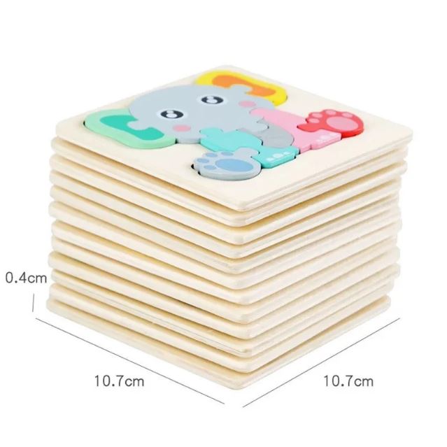 Pile de puzzles à encastrement en bois, chaque puzzle mesurant 10,7 cm x 10,7 cm, idéale pour les tout-petits.