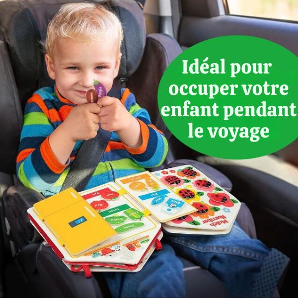 Livre interactif Montessori idéal pour occuper les enfants pendant les trajets en voiture, avec des activités ludiques et éducatives adaptées aux petits voyageurs.