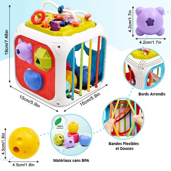 Cube d'éveil sensoriel avec bords arrondis, bandes flexibles, formes à trier, fabriqué en matériaux sans BPA, conçu pour stimuler la motricité et la coordination des bébés.