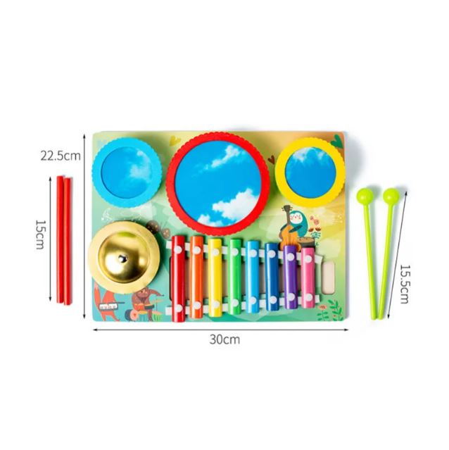 Dimensions d'une table d'activité musicale colorée pour enfants avec tambours, xylophone et cymbale.