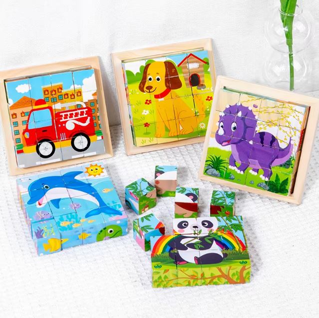 Puzzle cube en bois avec plusieurs images colorées représentant des animaux et des véhicules, conçu pour les jeunes enfants afin de stimuler leur coordination et leur logique.