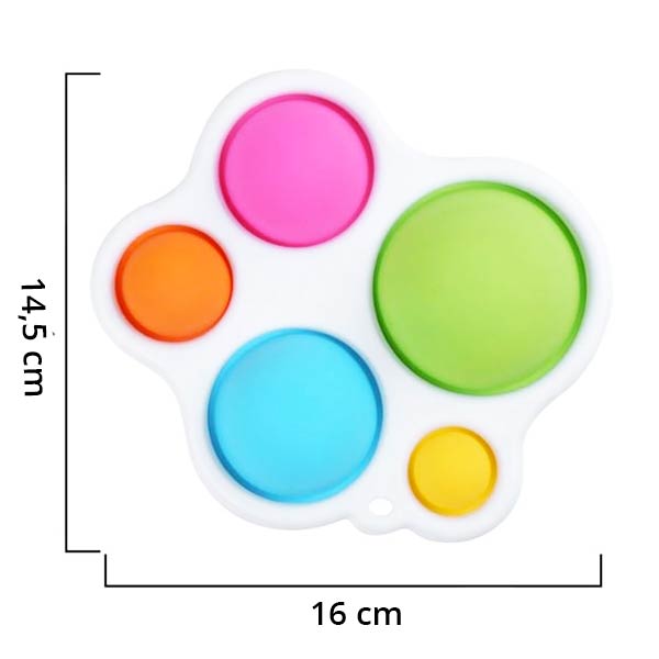 Pop it pour bébé aux couleurs vives, avec cinq bulles de tailles différentes, mesurant 16 cm de largeur sur 14,5 cm de hauteur, parfait pour développer la motricité et l'éveil sensoriel des tout-petits.