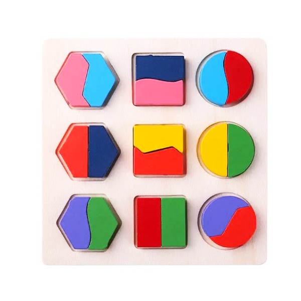 Puzzle en bois avec des formes géométriques multicolores, incluant des hexagones, carrés et cercles fractionnés pour un apprentissage ludique.