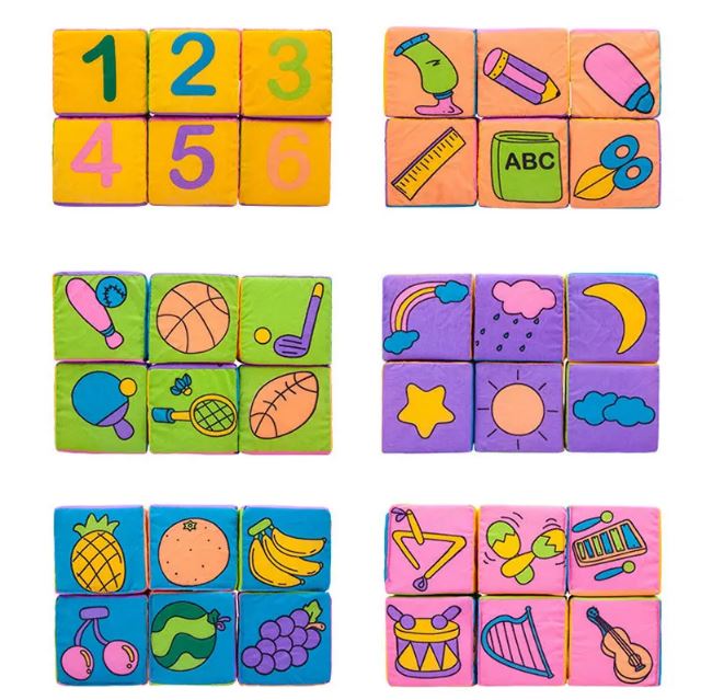 Illustration des différentes faces de cubes montessori en tissu affichant des chiffres et des illustrations variées, parfait pour initier les enfants aux formes, aux couleurs et aux nombres de manière ludique.