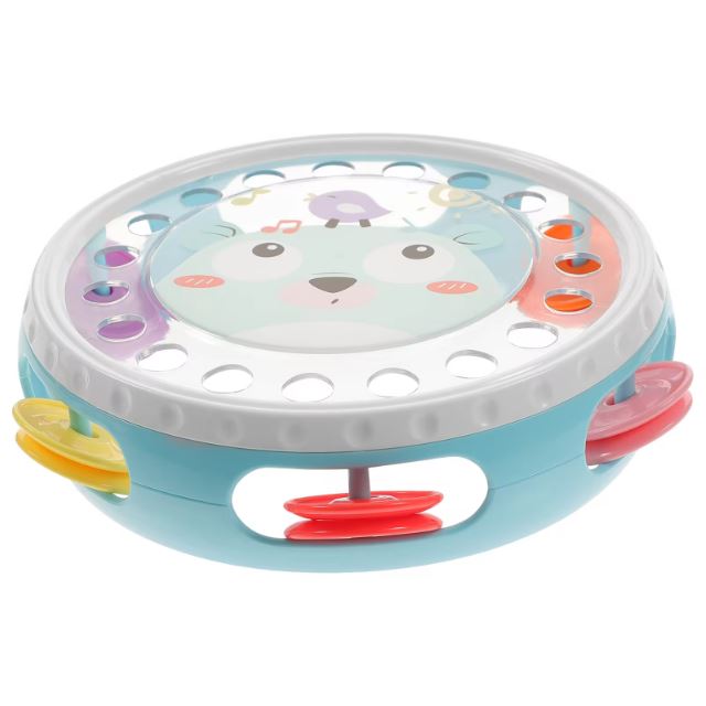 Tambourin pour enfant avec un motif d'ours mignon et des clochettes colorées sur les côtés.