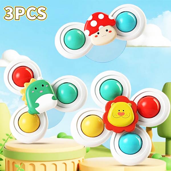 Lot de 3 spinner pour bébé aux couleurs vives, ornés de personnages mignons comme un lion, un dinosaure et un champignon, parfaits pour stimuler la motricité et divertir les tout-petits.