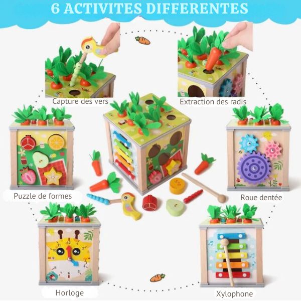 Cube d'activité en bois multifonction avec six jeux différents, incluant puzzle de formes, horloge, xylophone, roues dentées, extraction de radis et capture des vers, idéal pour l'éveil des enfants.