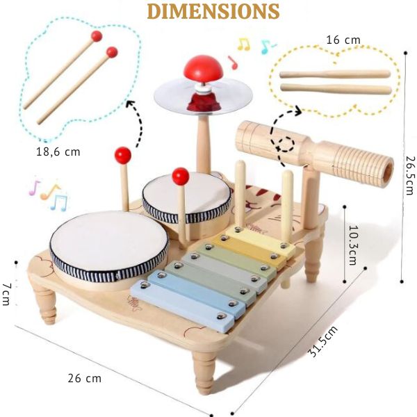 Batterie pour bébé en bois avec dimensions indiquées, comprenant tambours, xylophone, cymbale et baguettes, idéal pour l'éveil musical.