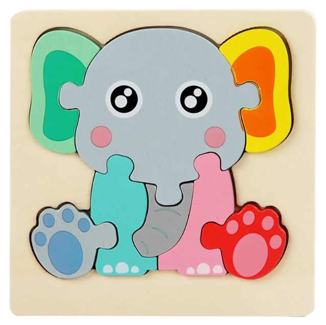 Puzzle à encastrement en bois représentant un éléphant coloré, conçu pour stimuler la coordination et la motricité des enfants.