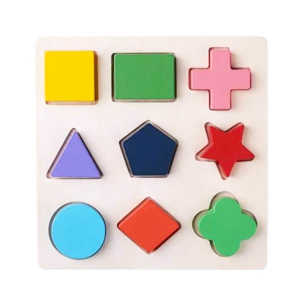 Puzzle à formes géométriques en bois avec des pièces colorées représentant différentes formes comme carré, étoile, cercle et croix.