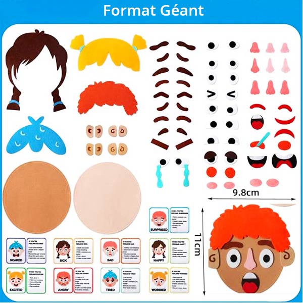 Visage des émotions Montessori au format géant, avec de nombreuses pièces détachables comme des cheveux, des yeux, des sourcils, et des bouches pour créer divers visages exprimant des émotions.