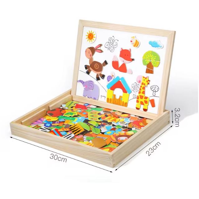 Tableau magnétique Montessori avec pièces colorées en bois pour créer des scènes ludiques et éducatives, idéal pour stimuler l'imagination des enfants en bas-âge.