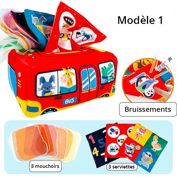 Boîte à mouchoirs Montessori en forme de bus, contenant 8 mouchoirs et 3 serviettes, avec des illustrations d'animaux colorés et des effets de bruissements pour stimuler les sens des bébés.