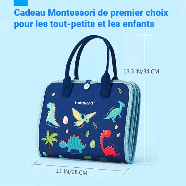 Livre d'apprentissage Montessori bleu avec motifs dinosaures, format sac à main, idéal pour les tout-petits.