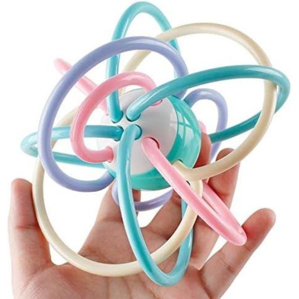 Balle sensorielle pour bébé en silicone, avec des anneaux souples et multicolores, idéale pour l'éveil tactile et visuel de l'enfant.