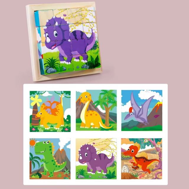 Puzzle cube en bois représentant des dinosaures colorés, permettant de créer différentes images éducatives pour les enfants.