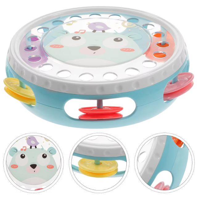 Tambourin pour enfant avec motif d'ours, équipé de clochettes multicolores et conçu pour développer la coordination musicale.