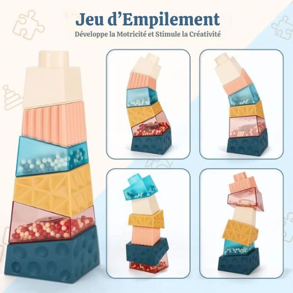 Jeu de cubes à empiler montessori, conçu pour développer la motricité et stimuler la créativité des petits à travers diverses combinaisons d'empilement.