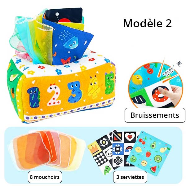 Boîte à mouchoirs pour bébé, modèle éducatif décoré de chiffres colorés, avec 8 mouchoirs et 3 serviettes à motifs variés, comprenant des effets de bruissements pour stimuler l'éveil sensoriel.