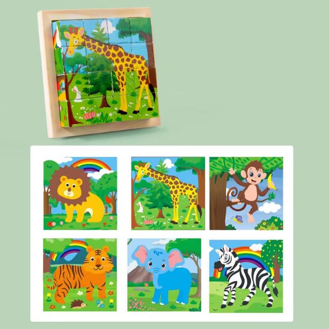 Puzzle cube en bois avec six faces différentes représentant des images d'animaux de la savane, permettant aux enfants de créer différentes scènes éducatives et amusantes., 