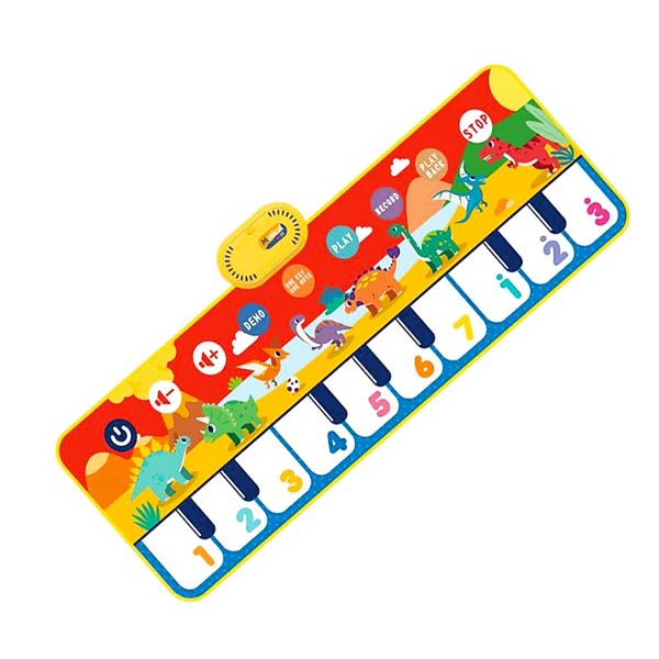 Image d'un tapis d'éveil piano coloré pour bébé, avec des touches numérotées de 1 à 7, illustré de dinosaures et comprenant des boutons interactifs pour jouer, enregistrer, et arrêter la musique.