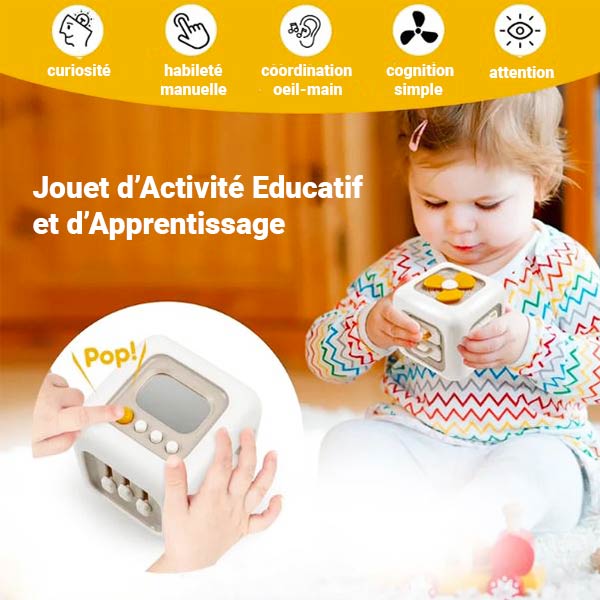 Cube sensoriel montessori éducatif pour enfants, conçu pour développer la coordination, la curiosité et l'attention à travers des activités manuelles et interactives.