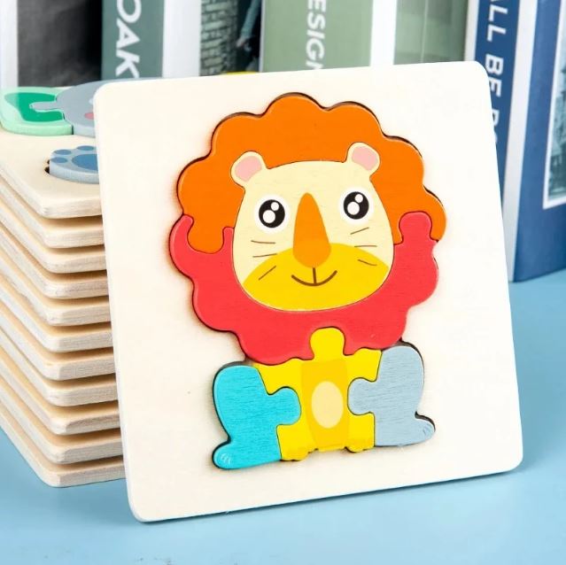 Puzzle à encastrement en bois avec une image de lion coloré, parfait pour les tout-petits afin de développer leur coordination et leurs compétences cognitives.