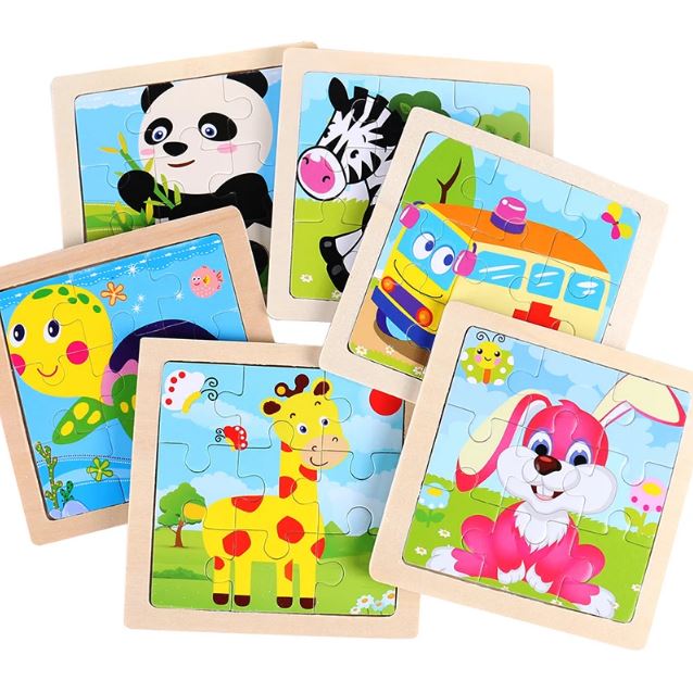 Ensemble de puzzles 9 pièces en bois avec des illustrations d'animaux colorés comme un panda, une girafe et un lapin.