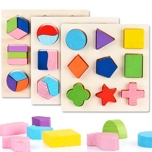 Puzzle formes géométriques en bois avec des pièces colorées, idéal pour l'apprentissage des formes et des couleurs chez les enfants.